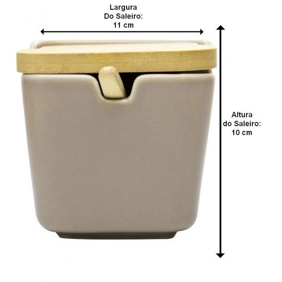 Saleiro 11cm De Largura Por 10cm De Altura De Cerâmica Cor Areia Com Tampa E Colher De Bambu